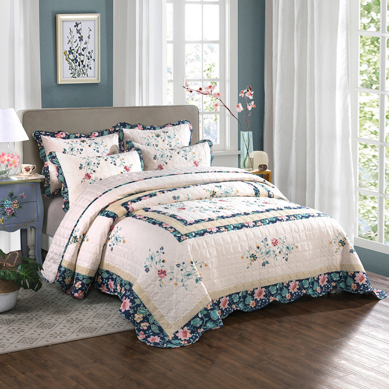 Embroidery Quilt Cover - Floral Cotton Quilt Set, Quilting Bedspread