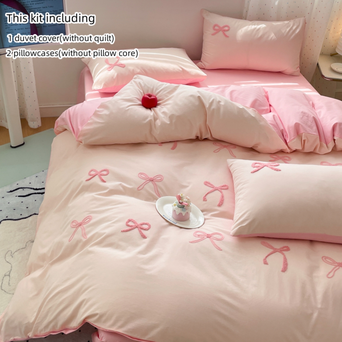 Embroidery Quilt Cover - 3 Piece Sheet Set pink bowknot