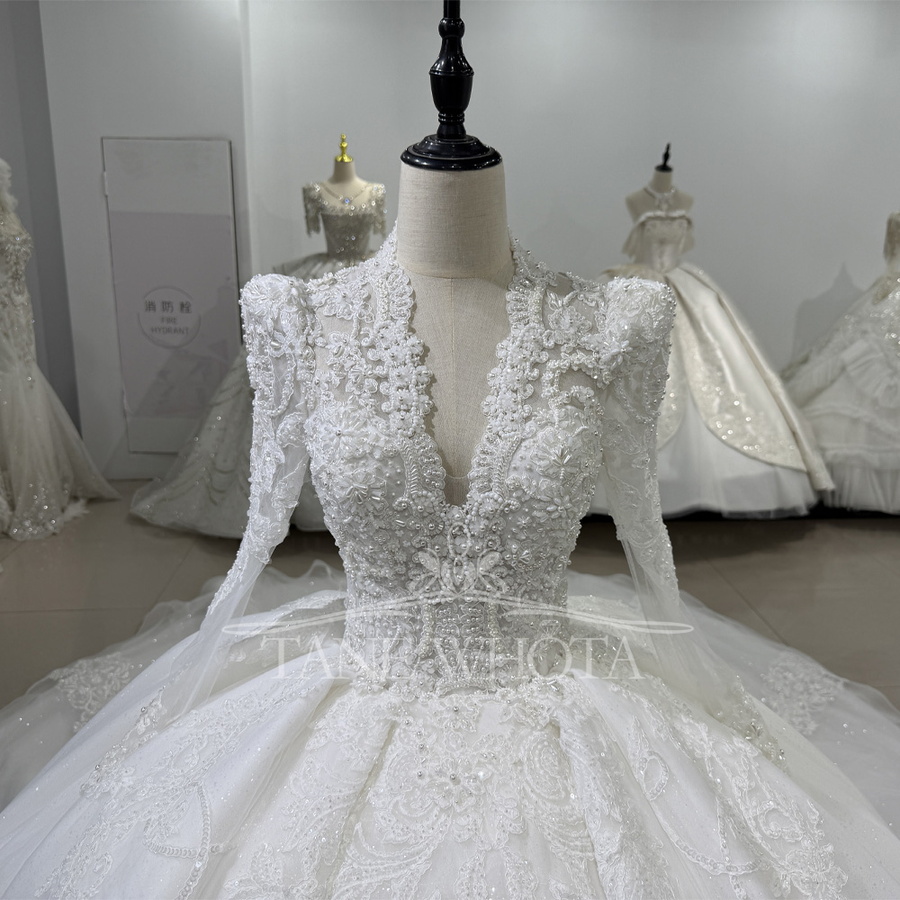 Embroidery Organza - Long Sleeve Beaded Bridal Wedding Dress
