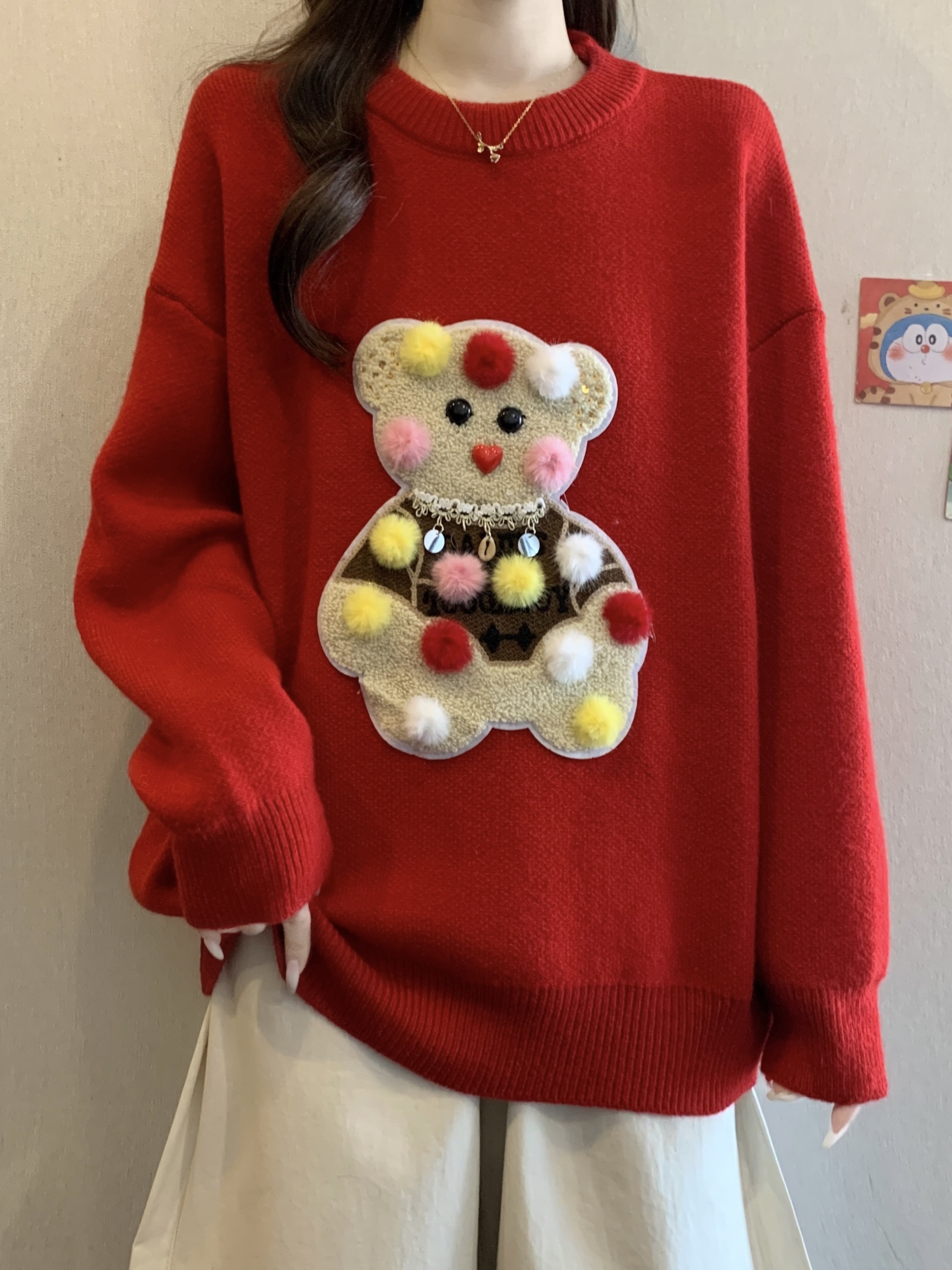 Embroidery Red - Red Christmas Bear Embroidery Sweater Women's