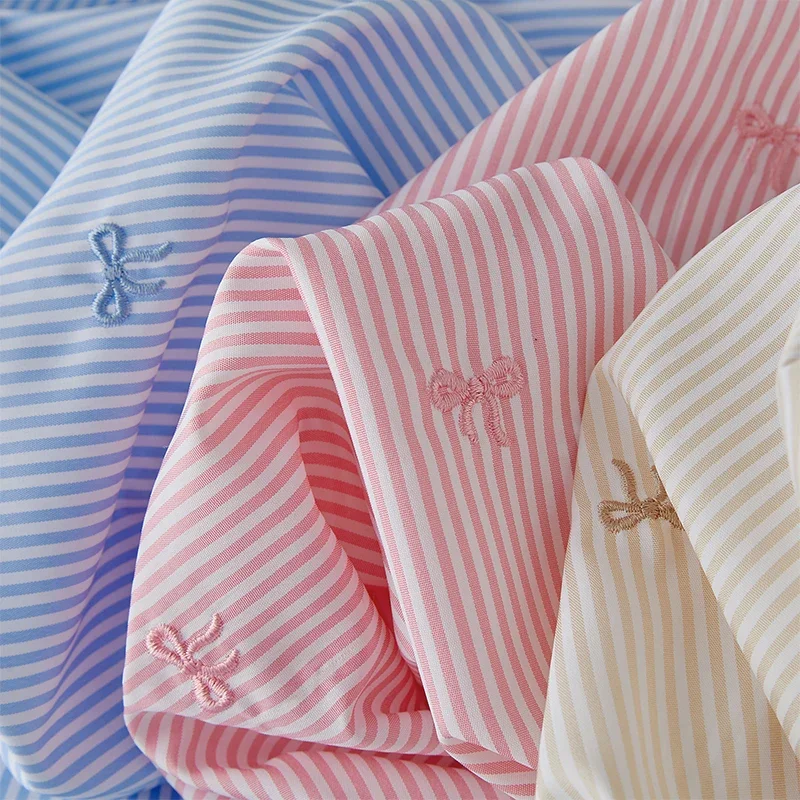 Embroidery Ring - Bow Embroidery Striped Fabric Shirt Dress