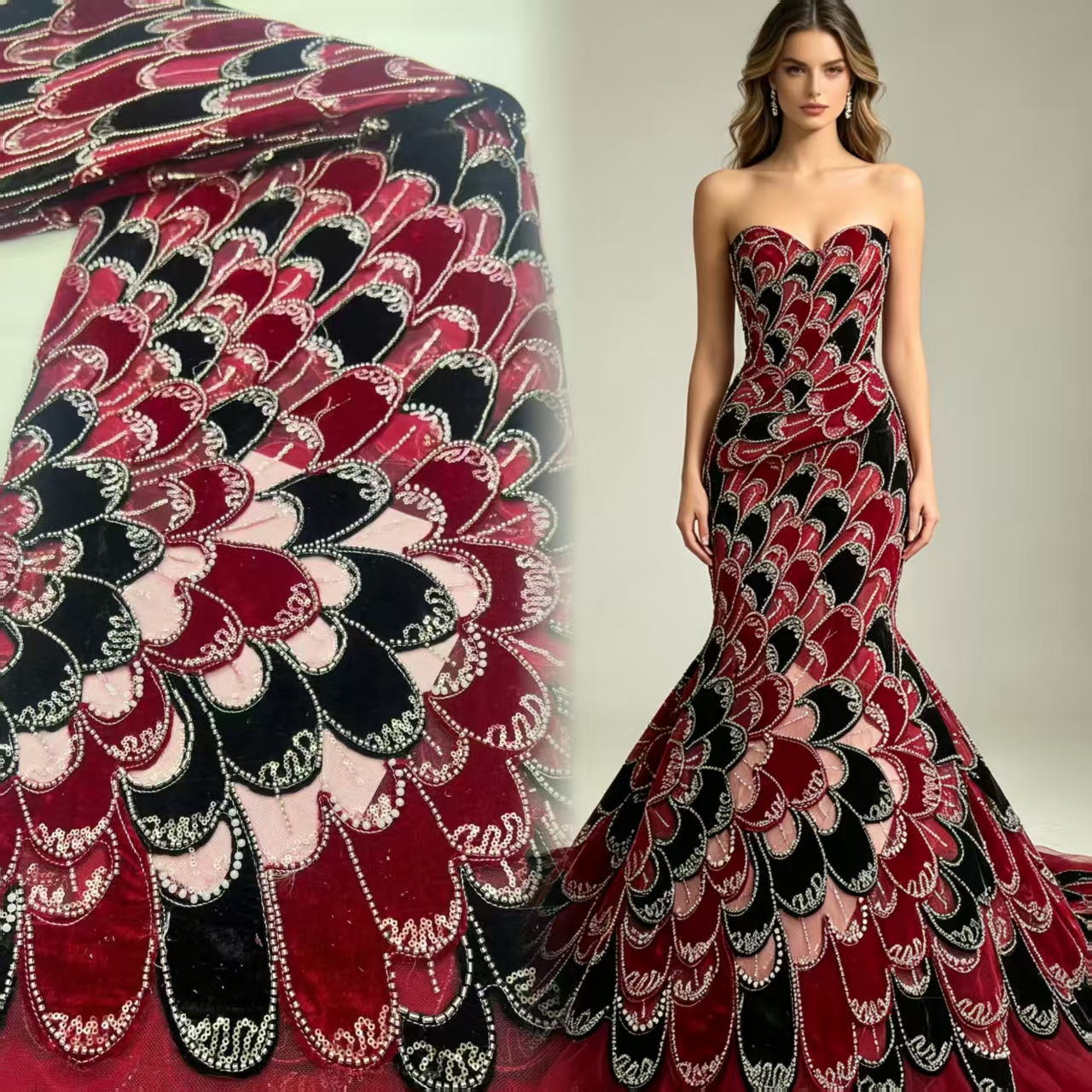 5Yards Red Black Peacock Sequi – обзор и цена Velvet Fabric Embroidery