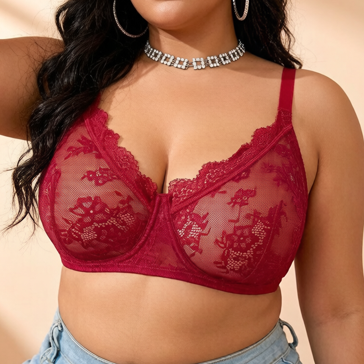 Women Plus Size Red Lace Sheer – обзор и цена Embroidery Red