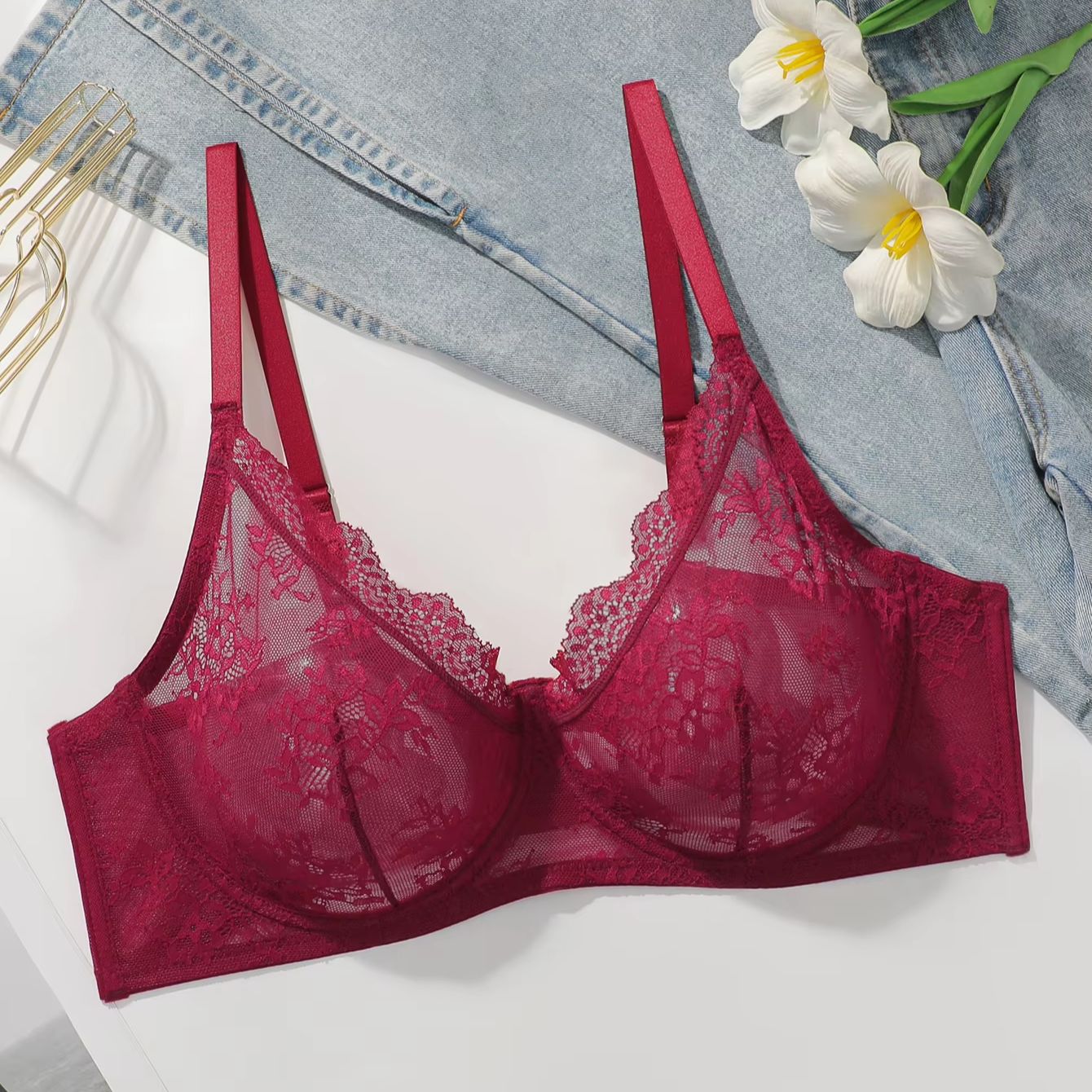 Women Plus Size Red Lace Sheer – обзор и цена Embroidery Red