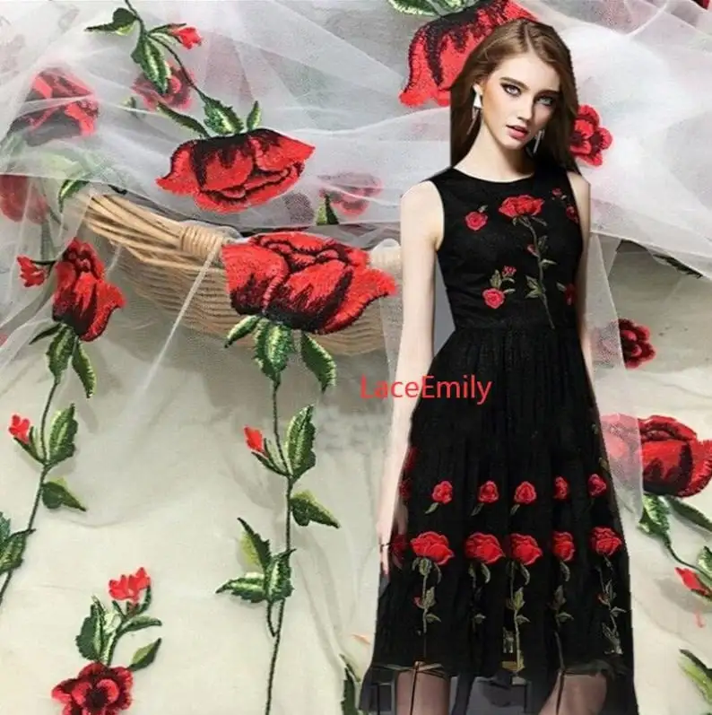 Red Rose Lace Fabric flower em – обзор и цена Embroidery Roses