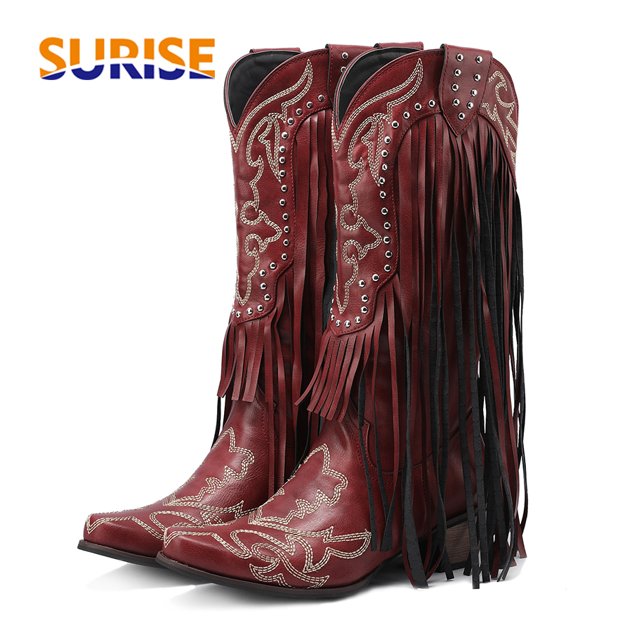 Western Cowboy Mid-calf Boots  – обзор и цена Embroidery Red